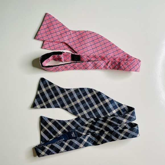Tommy Hilfiger Navy Blue Check Silk & Pink Check Cotton Self-Tie Bow Tie Bundle - Picture 2 of 9
